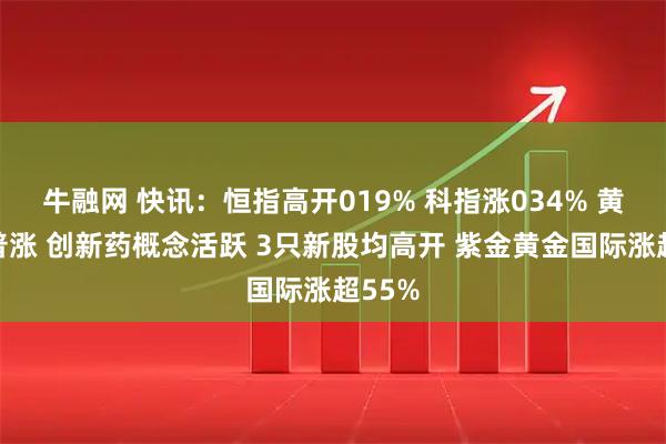 牛融网 快讯：恒指高开019% 科指涨034% 黄金股普涨 创新药概念活跃 3只新股均高开 紫金黄金国际涨超55%